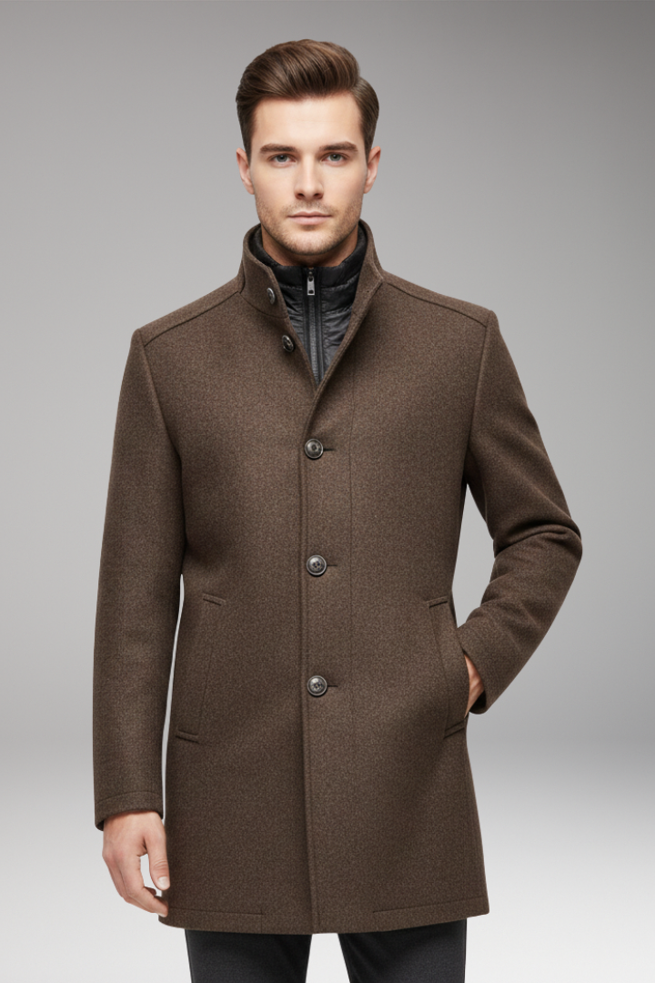 Men's Coat with Stand-up Collar and Button Closure
