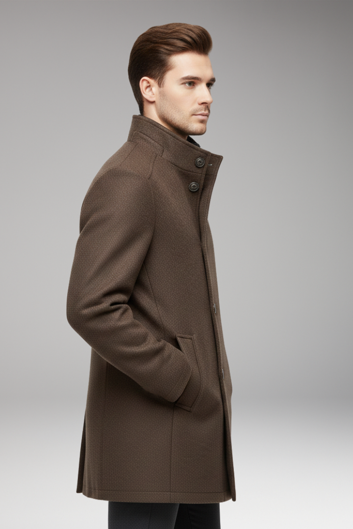 Men's Coat with Stand-up Collar and Button Closure