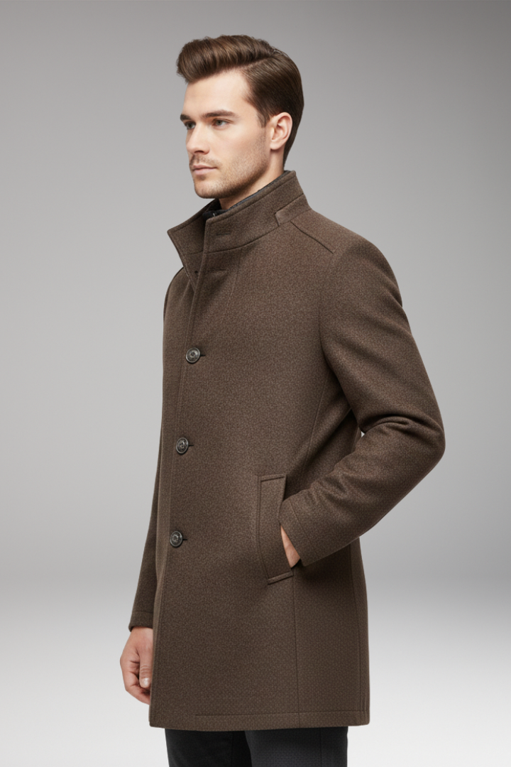 Men's Coat with Stand-up Collar and Button Closure