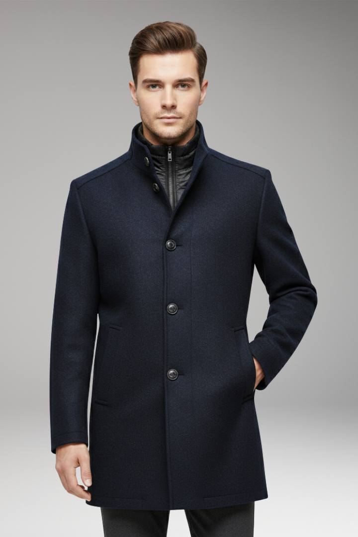 Men's Coat with Stand-up Collar and Button Closure