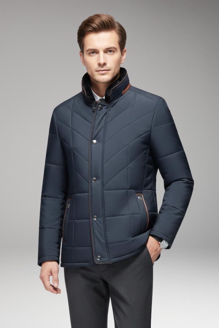 Men's Jacket with Stand Collar and Quilted Design