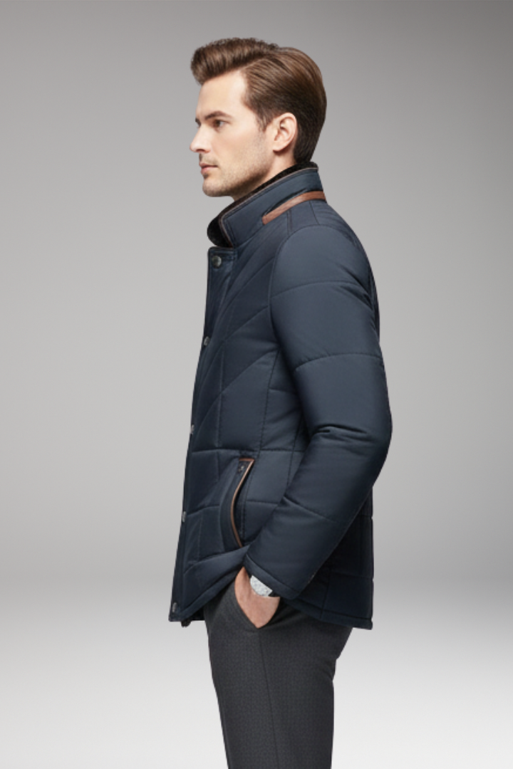 Men's Jacket with Stand Collar and Quilted Design
