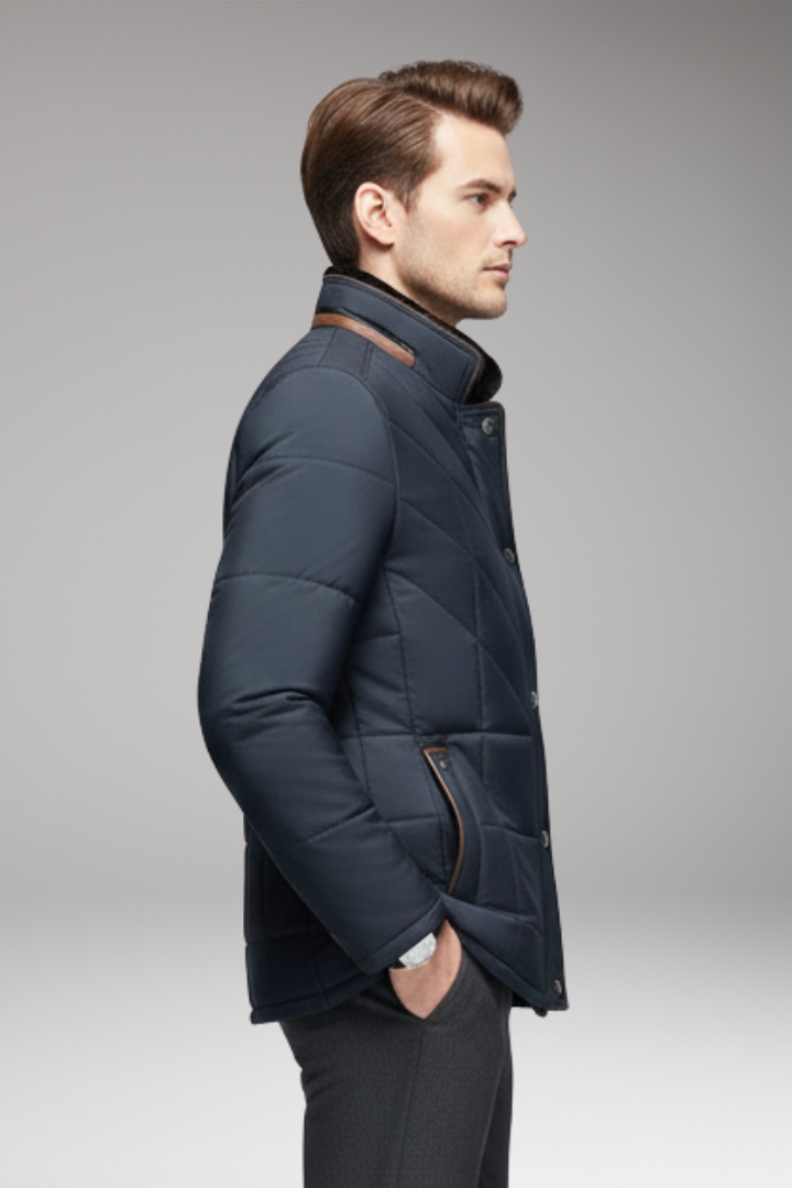 Men's Jacket with Stand Collar and Quilted Design