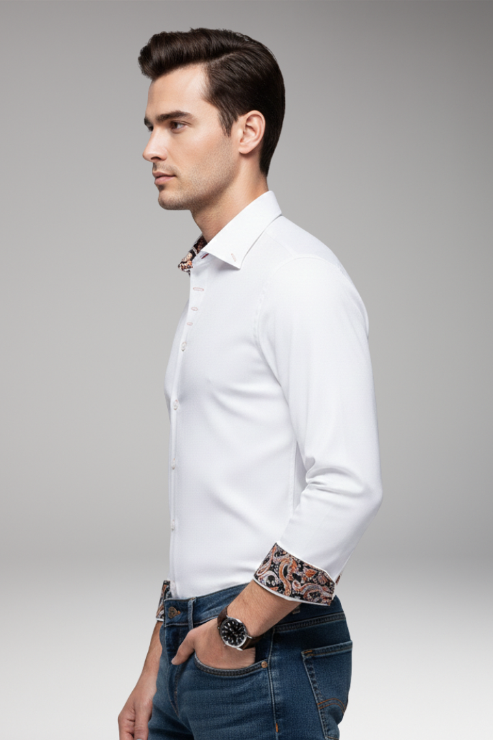 Men's Shirt with Patterned Collar and Buttoned Cuffs