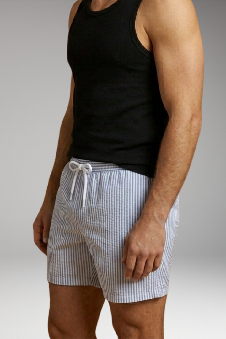 Men's Swim Shorts with Striped Design and Drawstring Waistband