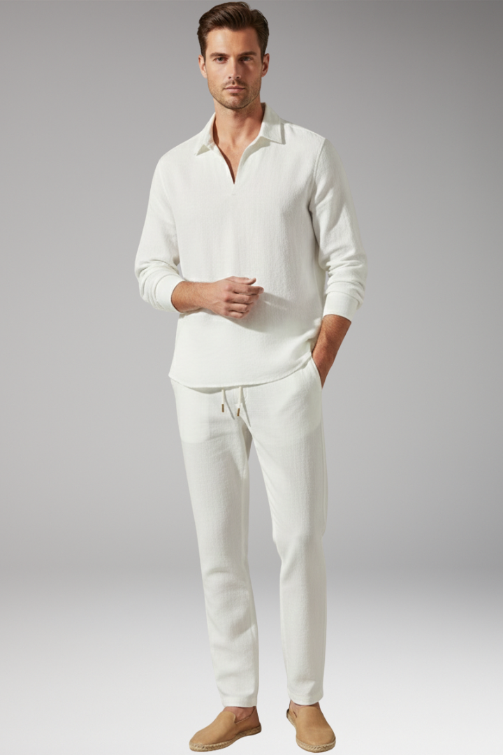 Men's Two-Piece Set with Long Sleeve Shirt and Drawstring Pants