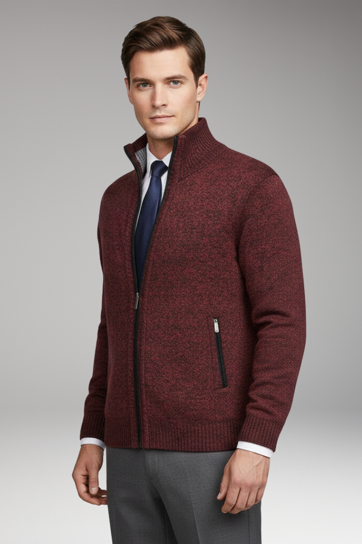 Men's Cardigan Sweater with Stand Collar and Button Closure