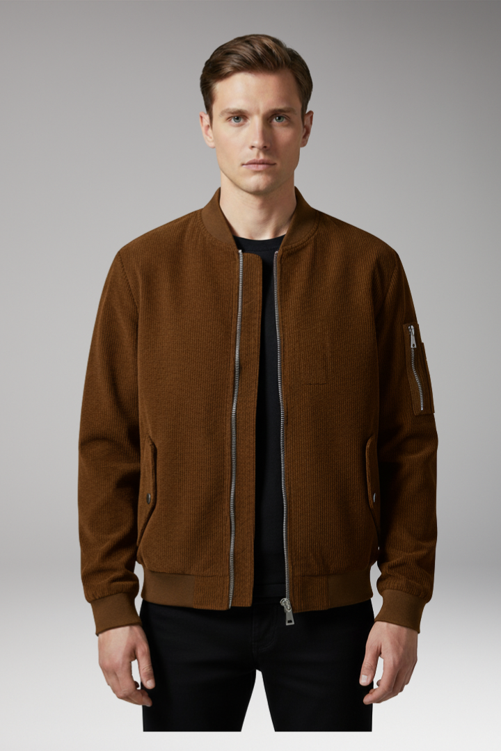 Men’s Corduroy Bomber Jacket with Utility Pocket and Ribbed Trim
