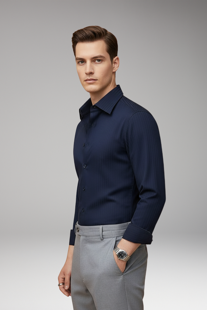 Tommy Men’s Dress Shirt with Vertical Stripes and Defined Fit