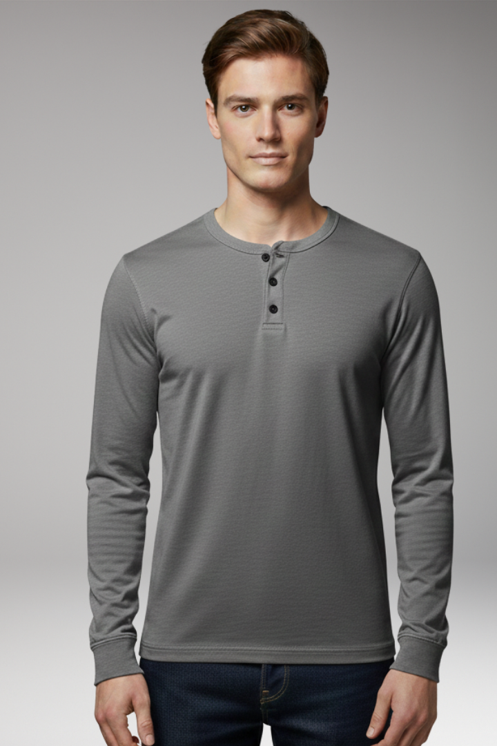 Men's Henley Shirt with Three-Button Placket and Long Sleeves