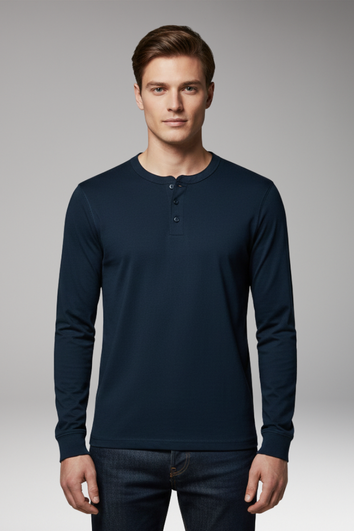 Men's Henley Shirt with Three-Button Placket and Long Sleeves