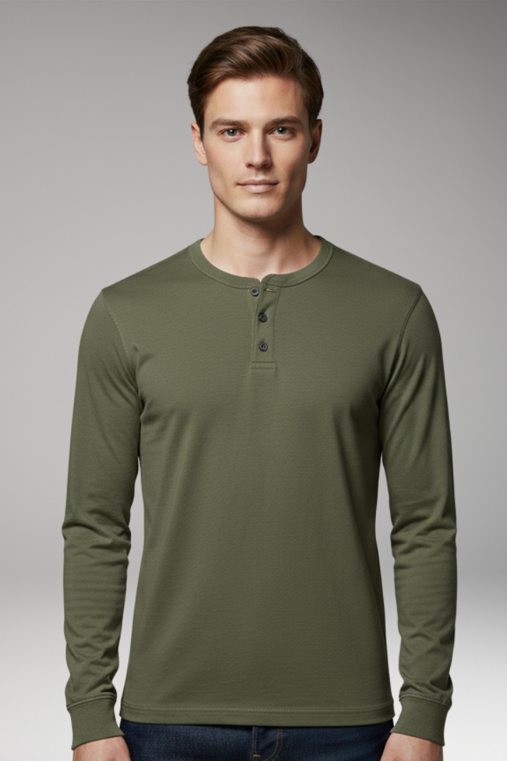 Men's Henley Shirt with Three-Button Placket and Long Sleeves