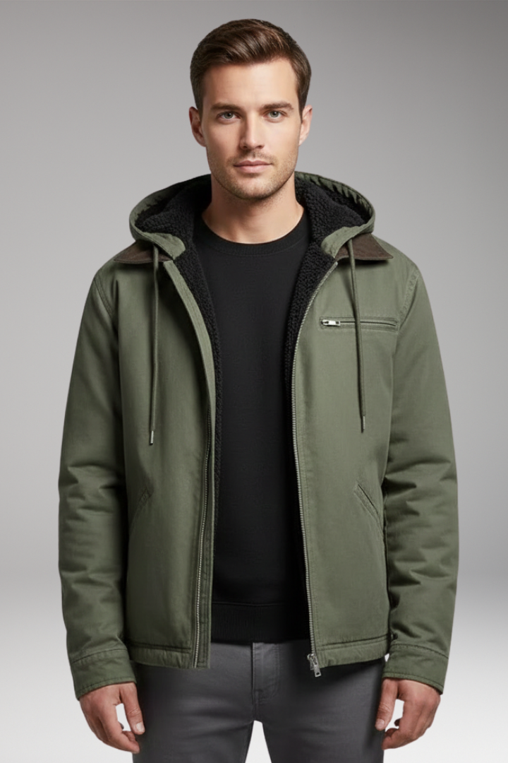Men's Hooded Jacket with Zipper Closure and Front Pockets