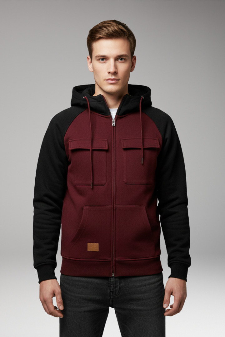 Men's Hooded Sweatshirt Jacket with Raglan Sleeves and Zip Front