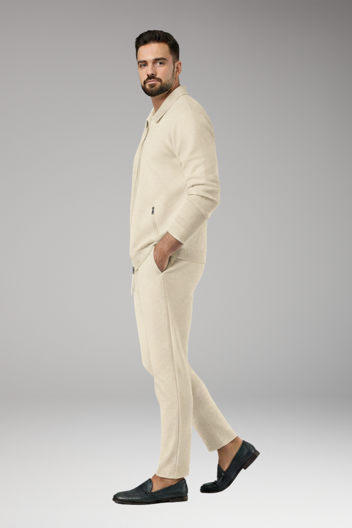 Men's Jacket and Pants Set with Lapel Collar and Waffle Surface