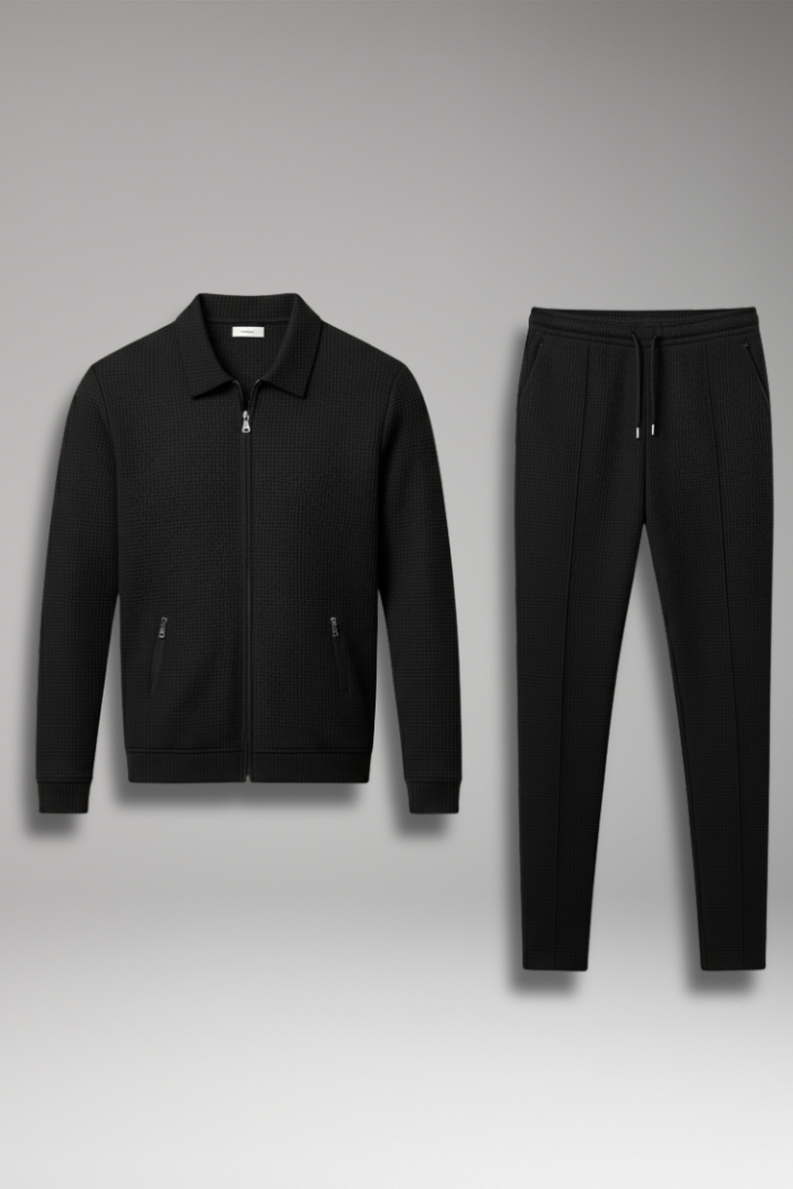 Men's Jacket and Pants Set with Lapel Collar and Waffle Surface