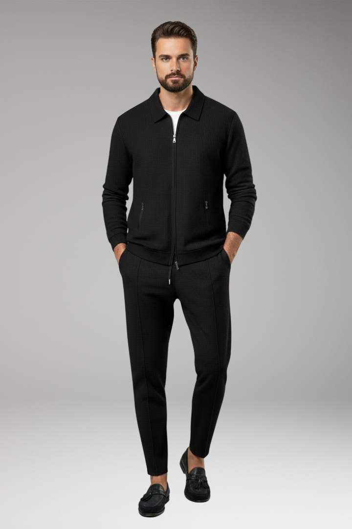Men's Jacket and Pants Set with Lapel Collar and Waffle Surface