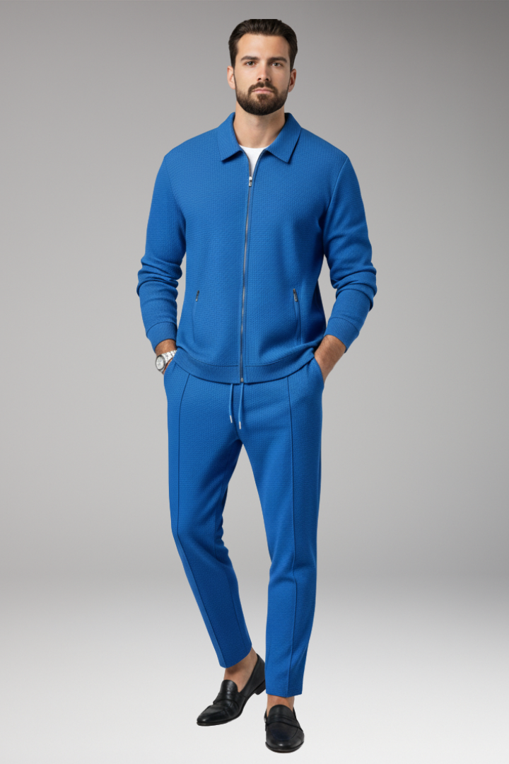 Men's Jacket and Pants Set with Lapel Collar and Waffle Surface