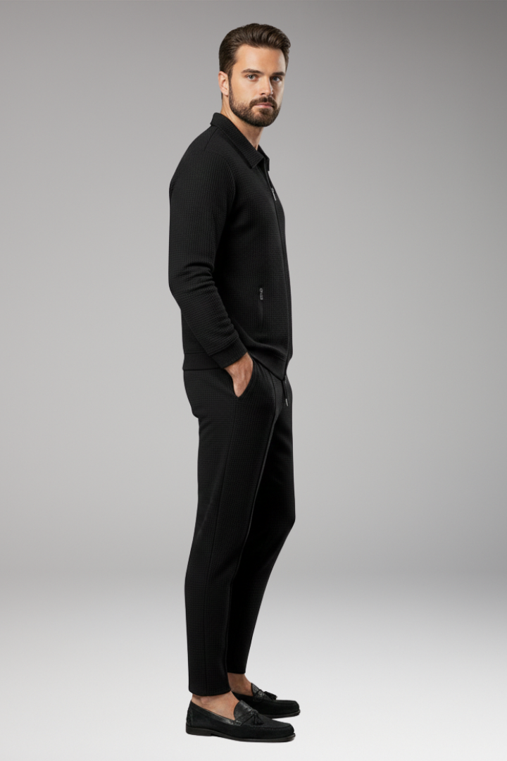Men's Jacket and Pants Set with Lapel Collar and Waffle Surface