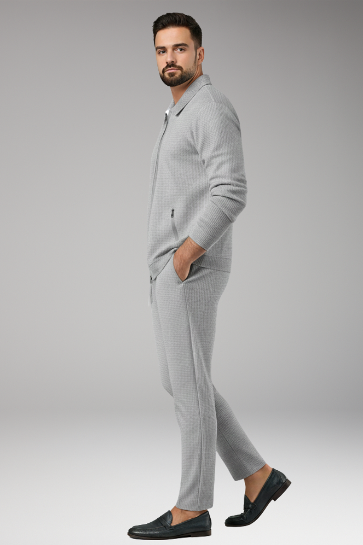 Men's Jacket and Pants Set with Lapel Collar and Waffle Surface