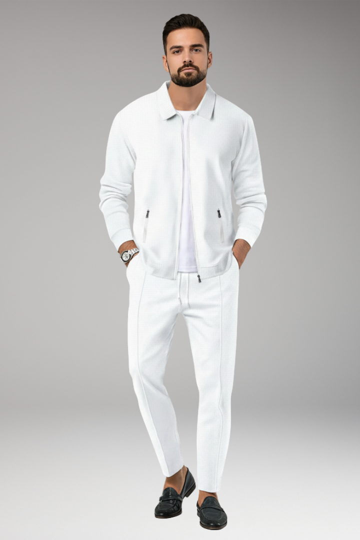 Men's Jacket and Pants Set with Lapel Collar and Waffle Surface