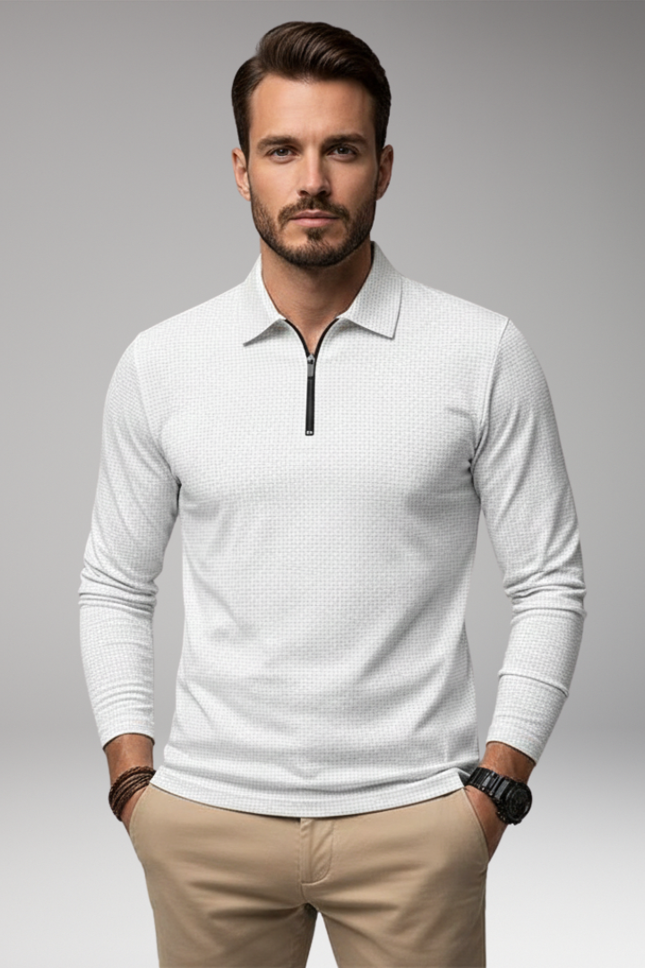 Men's Long-Sleeve Polo Shirt with Zipper and Textured Surface