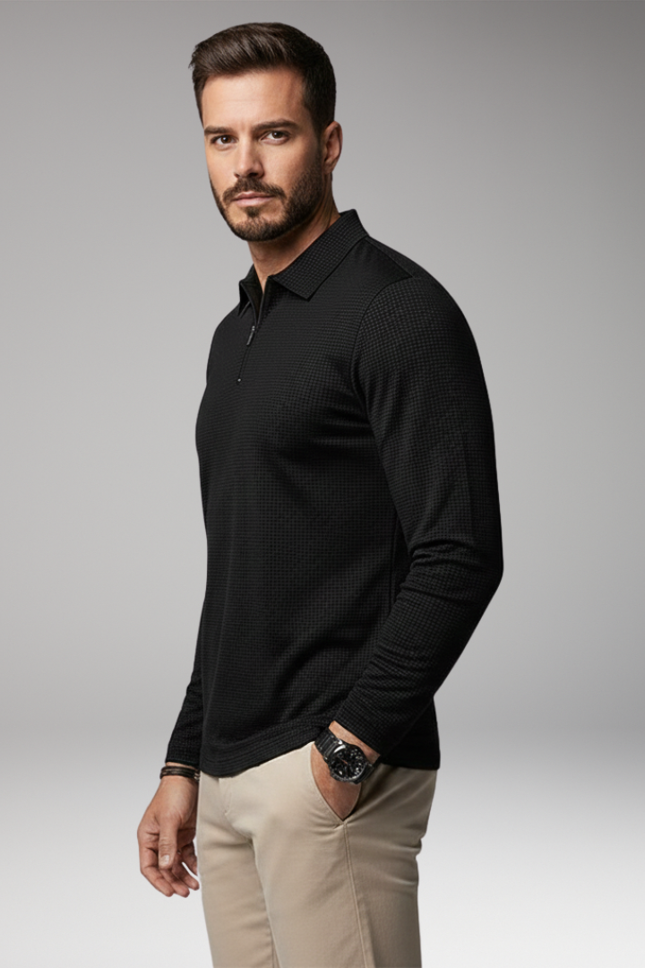 Men's Long-Sleeve Polo Shirt with Zipper and Textured Surface