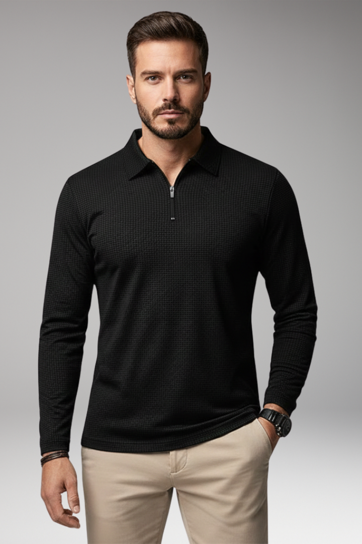 Men's Long-Sleeve Polo Shirt with Zipper and Textured Surface