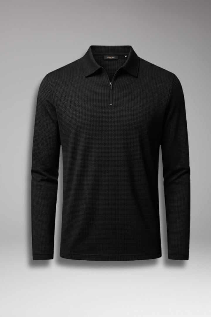 Men's Long-Sleeve Polo Shirt with Zipper and Textured Surface