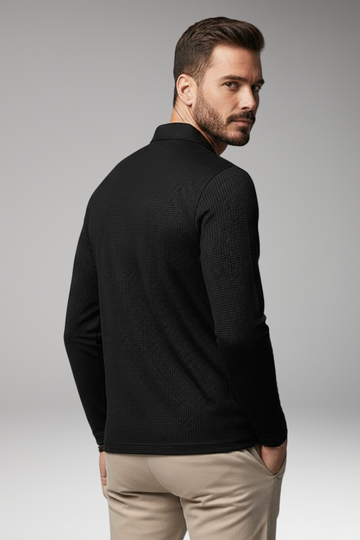 Men's Long-Sleeve Polo Shirt with Zipper and Textured Surface