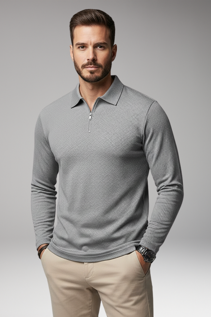 Men's Long-Sleeve Polo Shirt with Zipper and Textured Surface