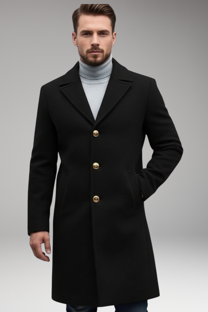 Men's Long Coat with Lapel Collar and Front Button Closure