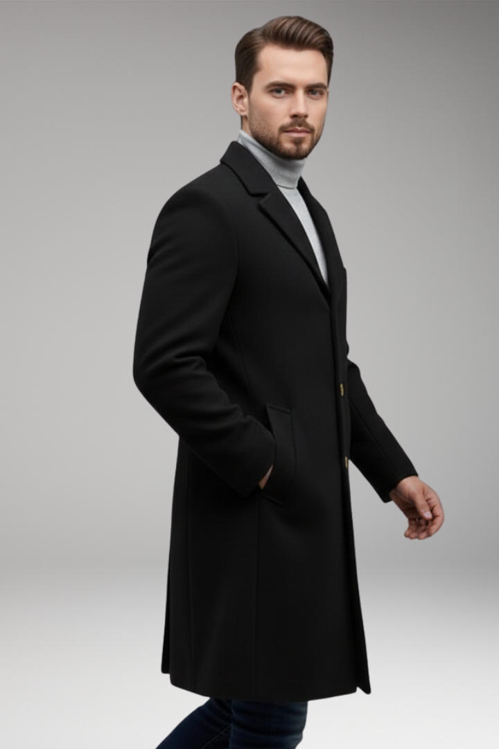 Men's Long Coat with Lapel Collar and Front Button Closure