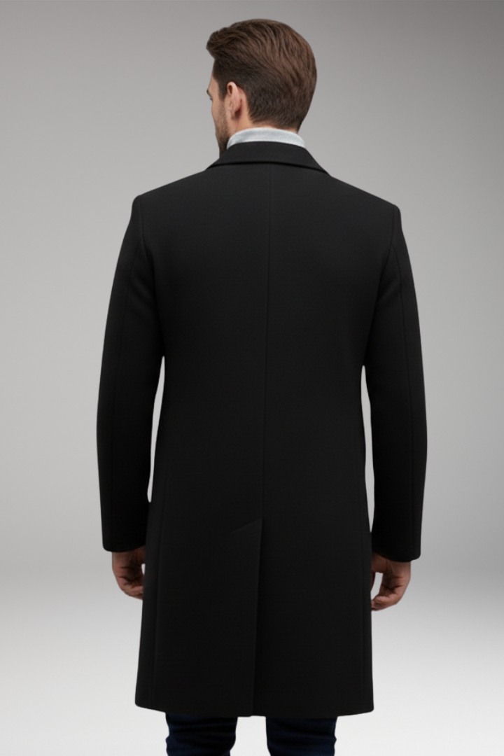 Men's Long Coat with Lapel Collar and Front Button Closure