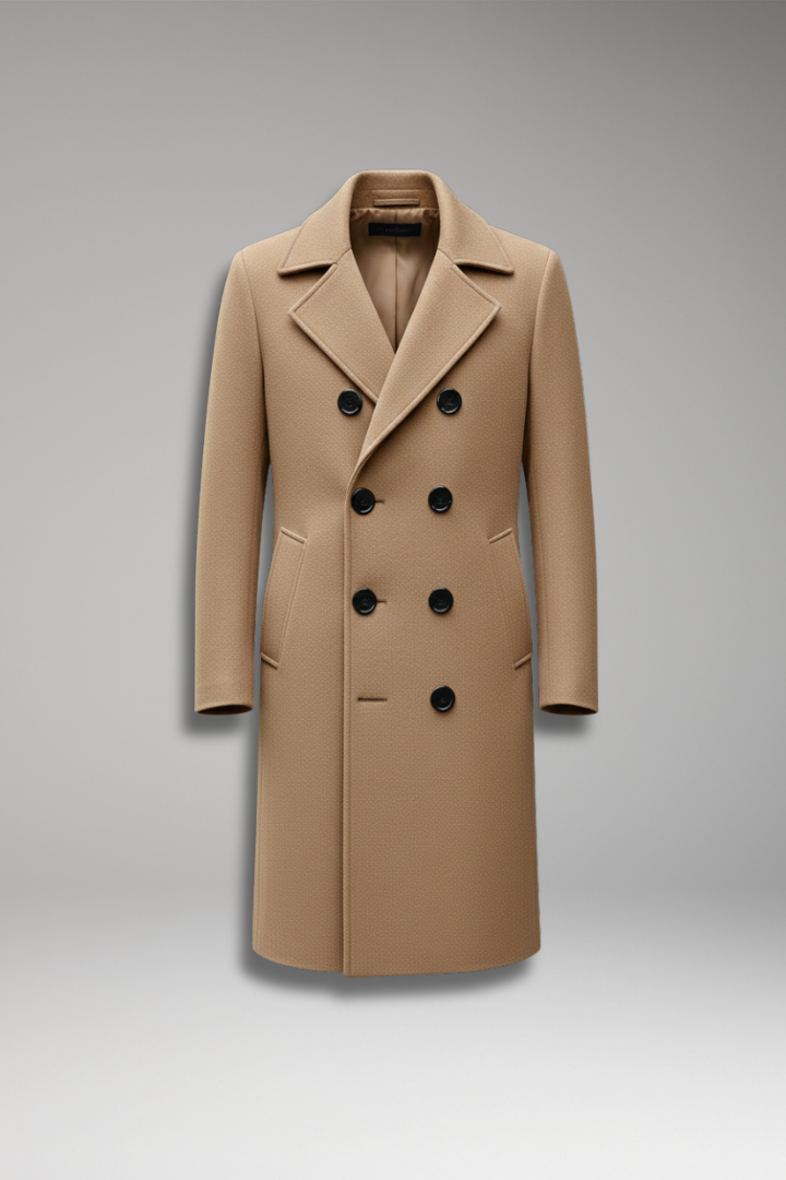 Men's Long Coat with Notch Lapel and Front Button Design