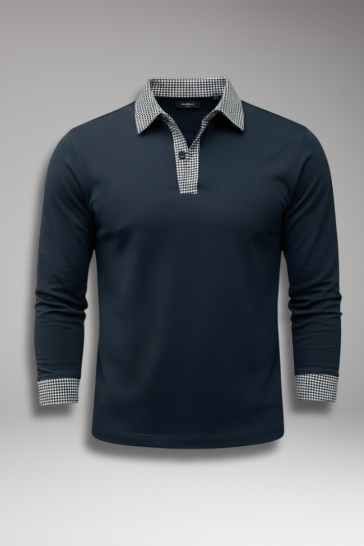 Men's Long Sleeve Polo Shirt with Plaid Patchwork and Button Collar
