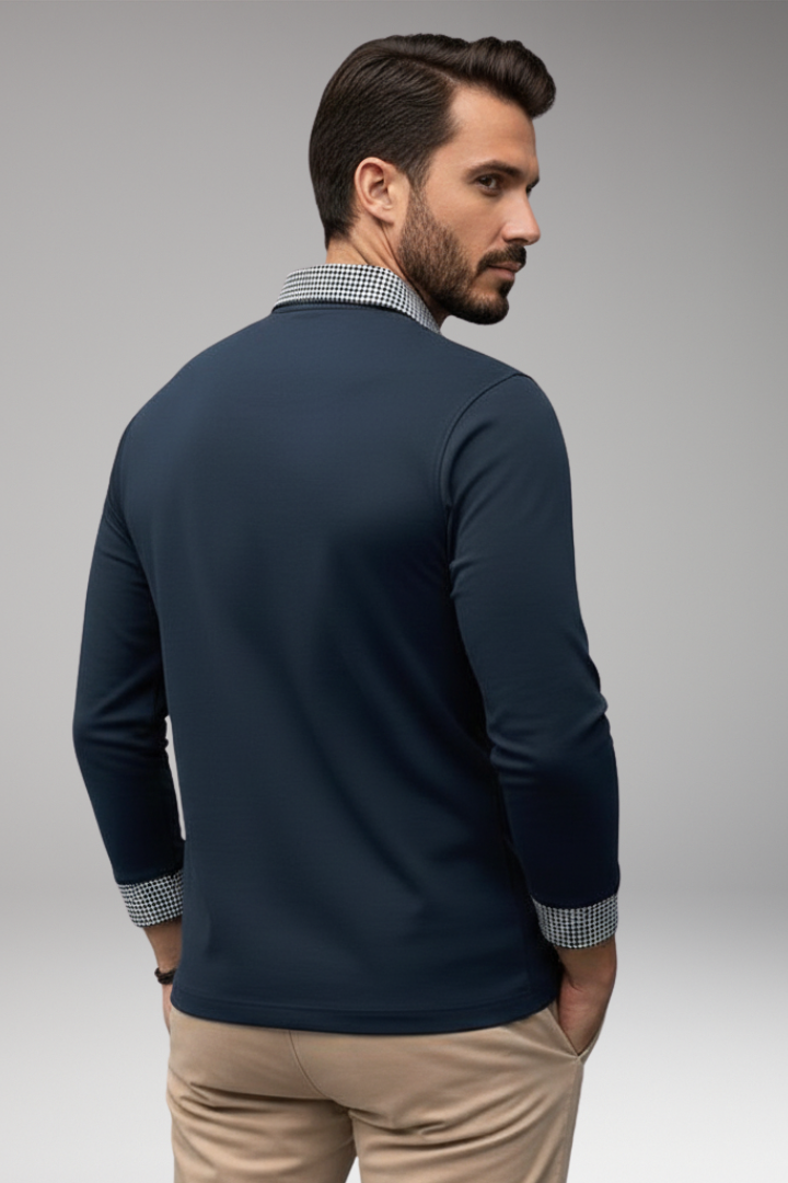 Men's Long Sleeve Polo Shirt with Plaid Patchwork and Button Collar