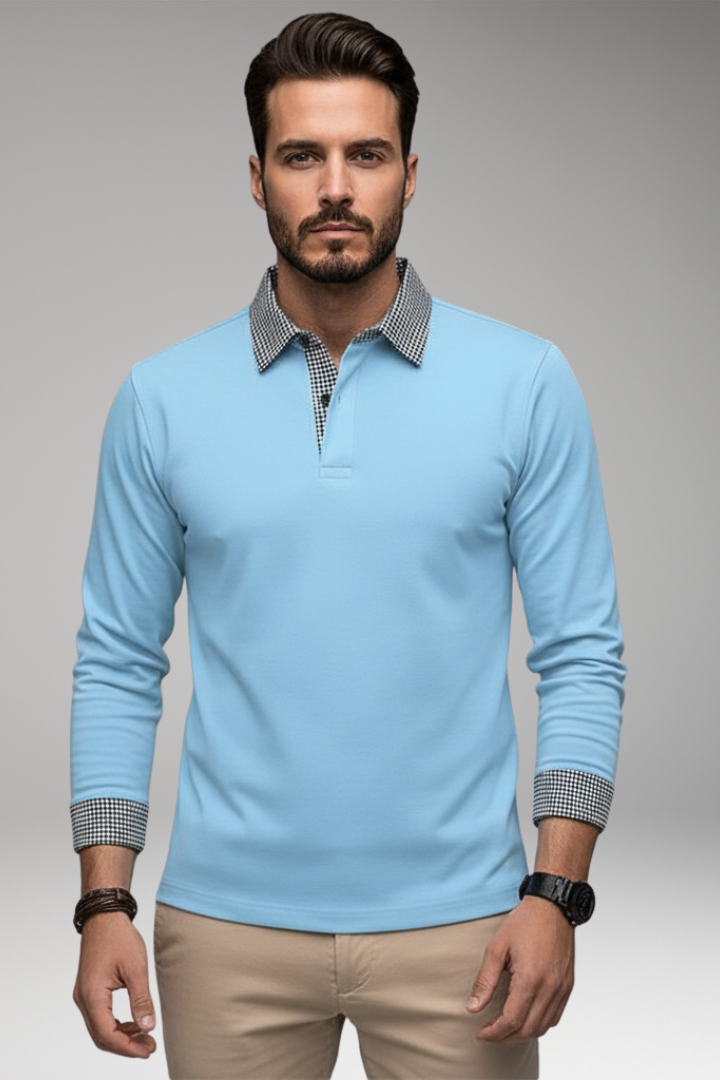 Men's Long Sleeve Polo Shirt with Plaid Patchwork and Button Collar