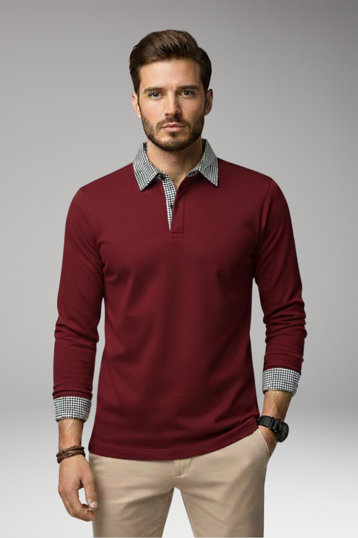 Men's Long Sleeve Polo Shirt with Plaid Patchwork and Button Collar