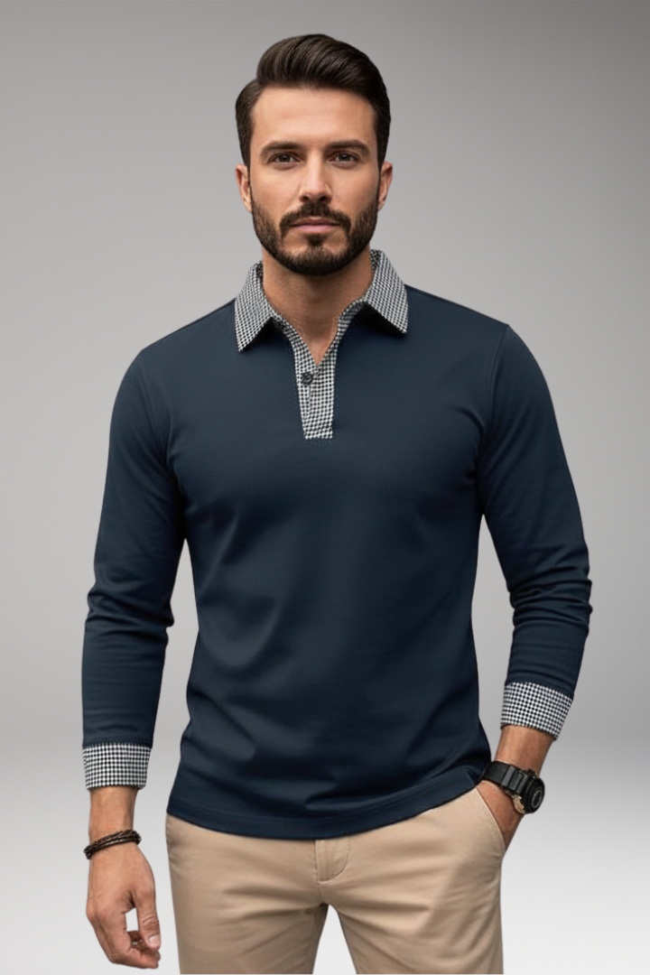 Men's Long Sleeve Polo Shirt with Plaid Patchwork and Button Collar