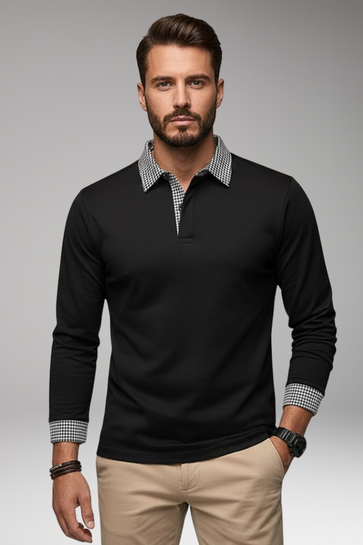 Men's Long Sleeve Polo Shirt with Plaid Patchwork and Button Collar