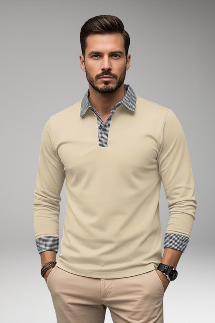 Men's Long Sleeve Polo Shirt with Plaid Patchwork and Button Collar