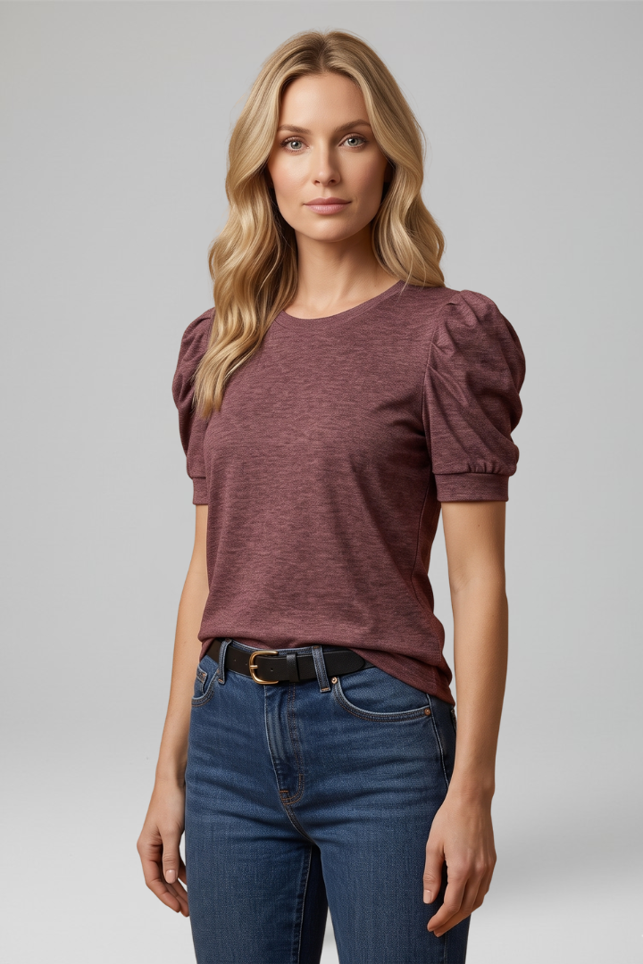 Women T-Shirt with Round Neck and Puff Sleeves