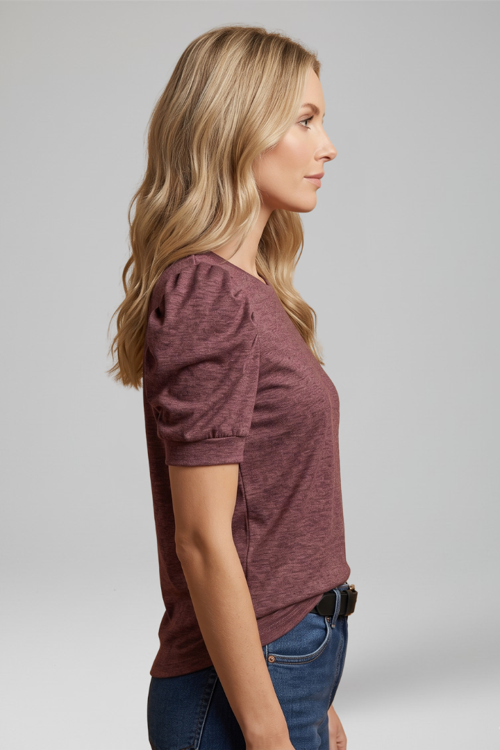 Women T-Shirt with Round Neck and Puff Sleeves