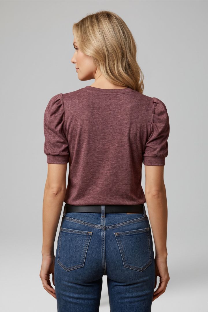 Women T-Shirt with Round Neck and Puff Sleeves