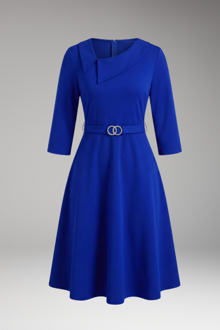 Women's 3/4 Sleeve Festive Dress with Asymmetrical Neckline and Belt