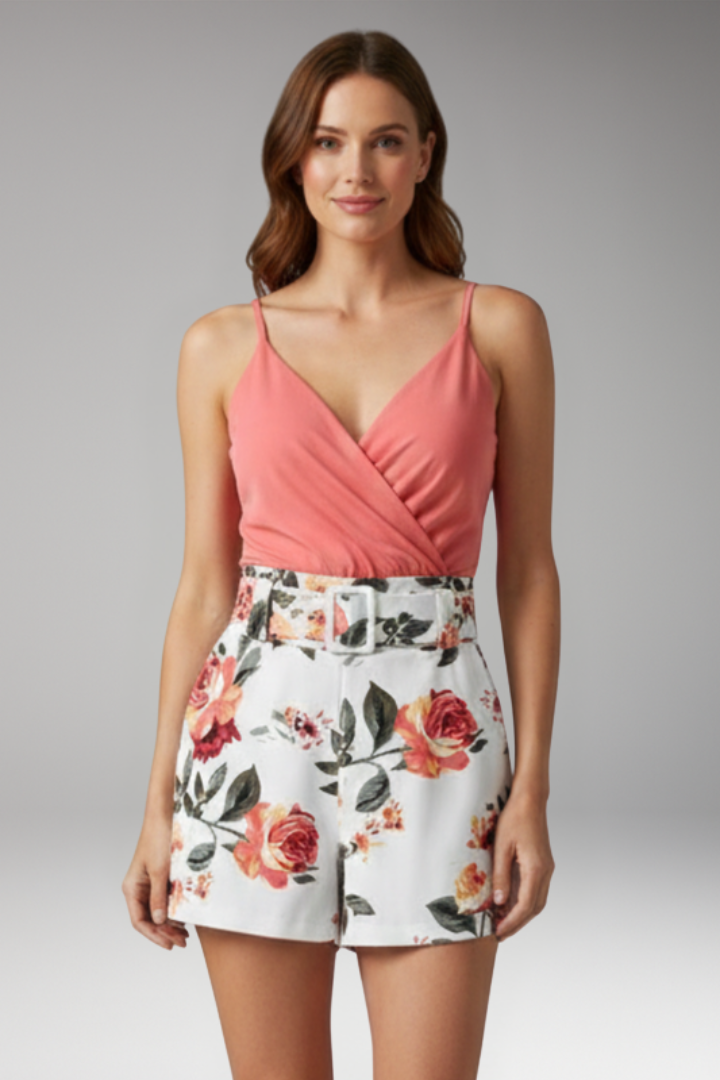 Women's Belted Romper with Wrap Front Neckline for Summer Wear