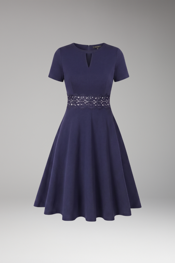Women's Blue Dress with Lace Detailing and Defined Waist