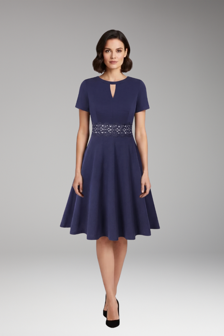 Women's Blue Dress with Lace Detailing and Defined Waist