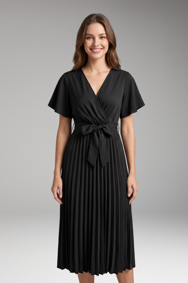 Women's Knee-Length Pleated Dress with High Waist and V-Neck